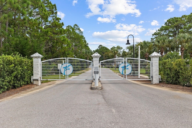 258 Tropical Breeze Dr, Santa Rosa Beach, FL 32459 - view of asphalt street with a gate, street lighting, and traffic signs