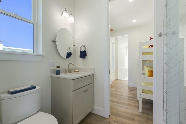 bathroom with wood-type flooring, vanity, and toilet