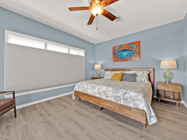 bedroom with ceiling fan and light wood-type flooring