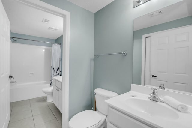 full bathroom with tile patterned flooring, vanity, shower / bath combo, and toilet