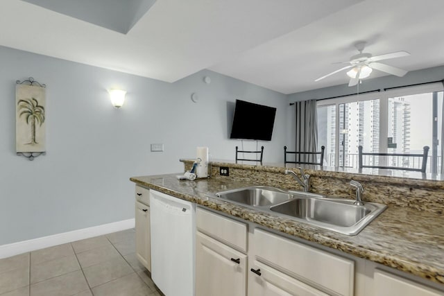 kitchen with dishwasher, white cabinetry, sink, and dark stone counters