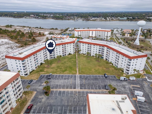 aerial view featuring a water view