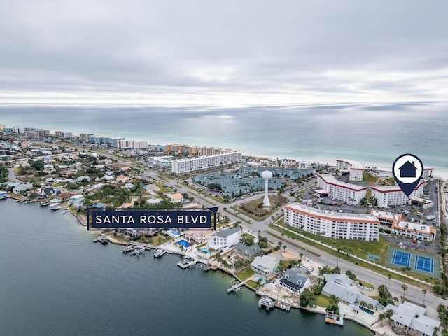 drone / aerial view featuring a water view