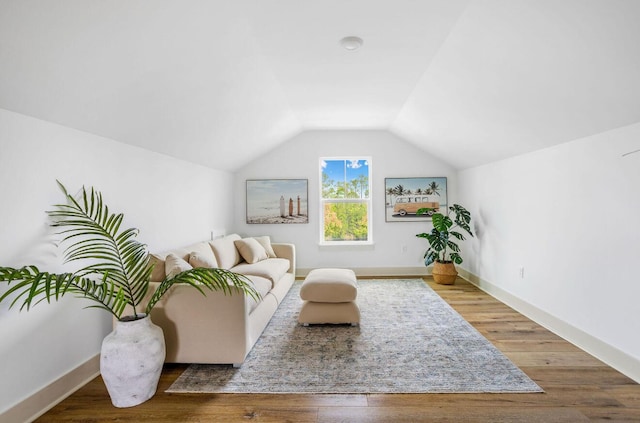 living room featuring hardwood / wood-style flooring and lofted ceiling