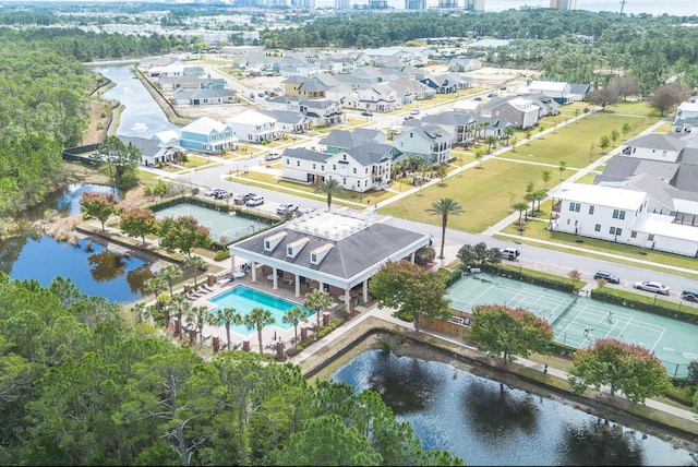 aerial view featuring a water view