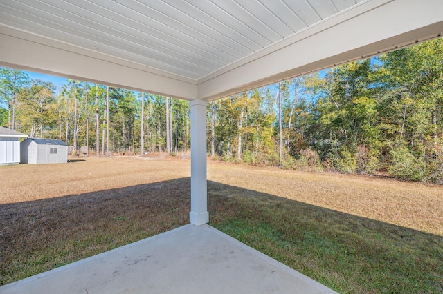 view of yard featuring a shed and a patio area