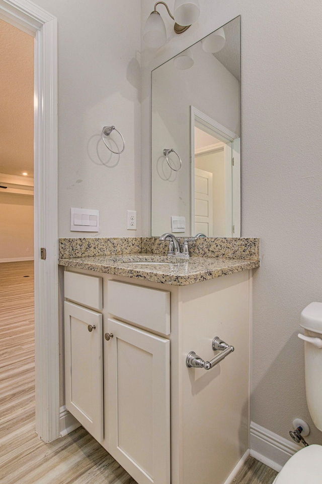 bathroom with vanity, toilet, and wood-type flooring