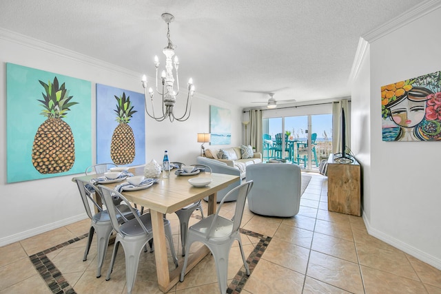 376 Santa Rosa Boulevard Unit 112 - 2Nd Floor, Fort Walton Beach, FL 32548 - dining space with a textured ceiling, crown molding, light tile patterned flooring, and ceiling fan with notable chandelier