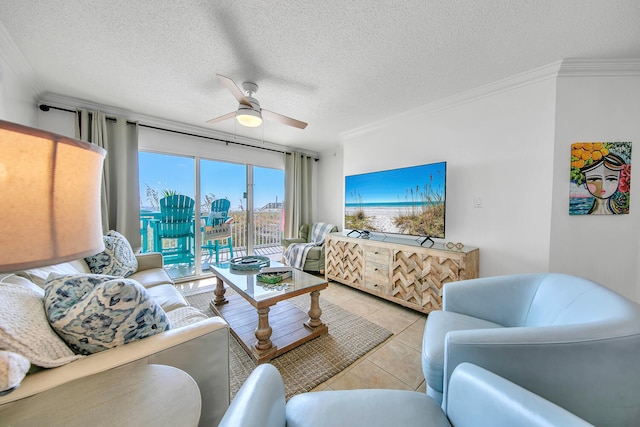 376 Santa Rosa Boulevard Unit 112 - 2Nd Floor, Fort Walton Beach, FL 32548 - living room with light tile patterned floors, a textured ceiling, ceiling fan, and crown molding