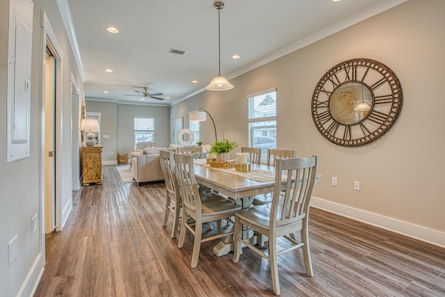 dining room featuring hardwood / wood-style floors, ceiling fan, and a healthy amount of sunlight