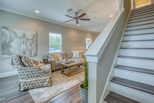 living room featuring hardwood / wood-style floors, ceiling fan, and crown molding