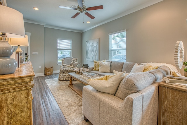 living room featuring hardwood / wood-style flooring, ceiling fan, a healthy amount of sunlight, and ornamental molding