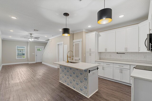 182 N Sand Palm Rd, Freeport, FL 32439 - kitchen with a sink, backsplash, ornamental molding, dark wood-style floors, and baseboards