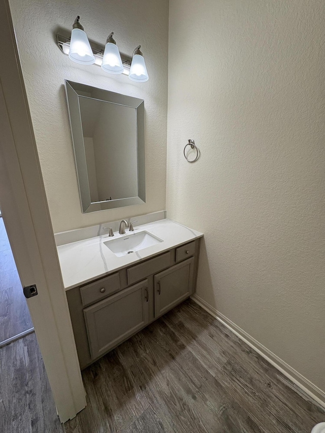 bathroom with hardwood / wood-style flooring and vanity