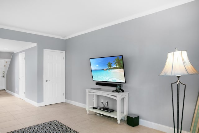 tiled living room featuring ornamental molding