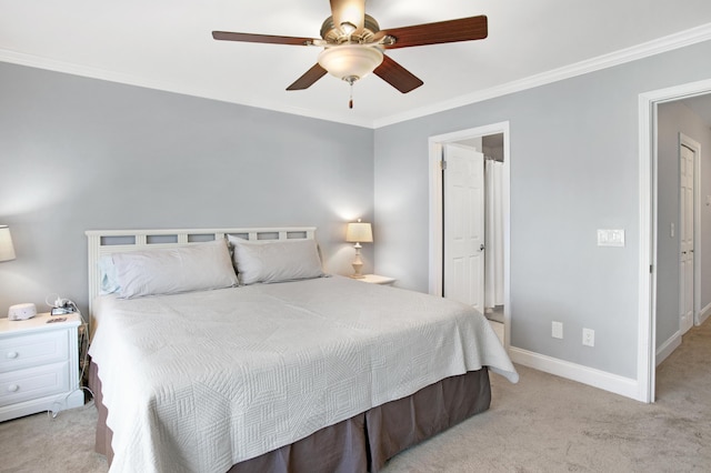 bedroom with light carpet, ceiling fan, and crown molding