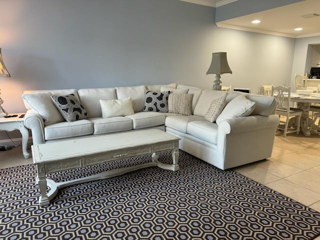 living room with light tile patterned floors and ornamental molding