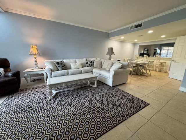 tiled living room with crown molding