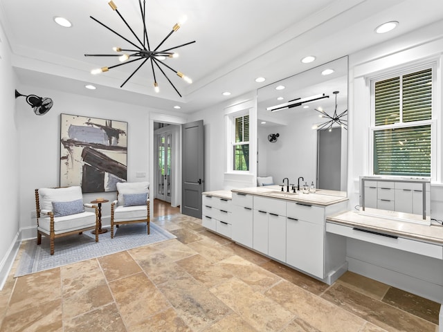 107 E Bermuda Dr, Santa Rosa Beach, FL 32459 - full bath with a chandelier, stone tile flooring, vanity, recessed lighting, and a tray ceiling