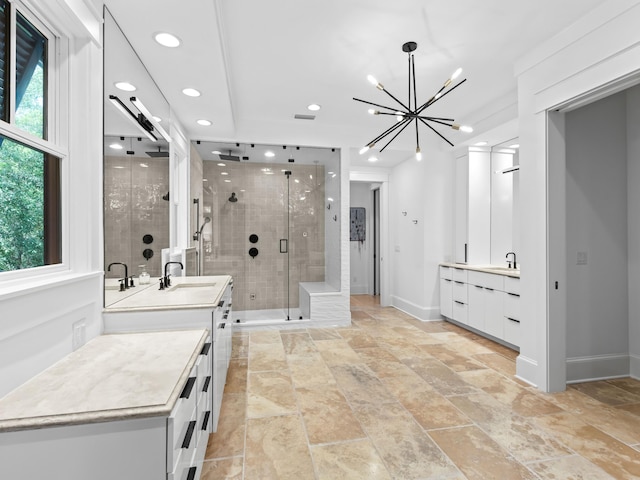 107 E Bermuda Dr, Santa Rosa Beach, FL 32459 - full bath with vanity, a stall shower, a chandelier, stone finish floors, and recessed lighting