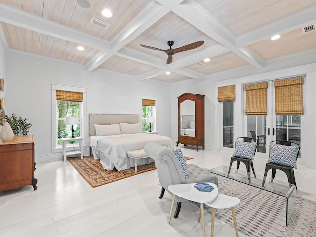 107 E Bermuda Dr, Santa Rosa Beach, FL 32459 - bedroom featuring multiple windows, coffered ceiling, recessed lighting, light wood finished floors, and a wooden ceiling with exposed beams