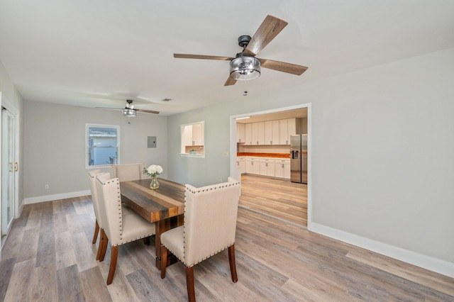 dining area with ceiling fan and light hardwood / wood-style floors