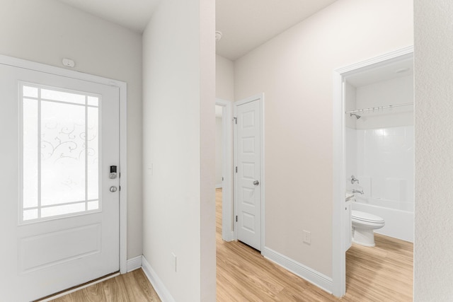 foyer entrance with a wealth of natural light and light hardwood / wood-style flooring