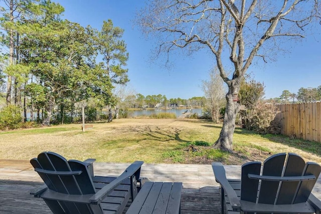 exterior space featuring a yard, a water view, and fence