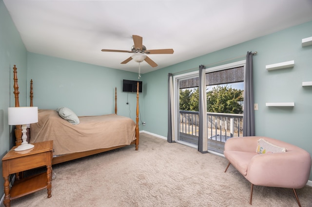 bedroom with carpet flooring, access to outside, and ceiling fan