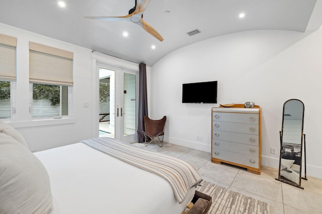 bedroom with french doors, ceiling fan, lofted ceiling, and access to outside