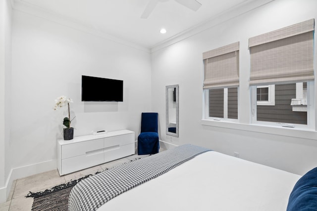 bedroom featuring crown molding and ceiling fan