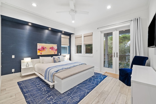 bedroom with crown molding, access to exterior, ceiling fan, and french doors