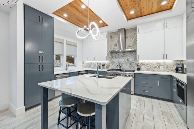 kitchen with white cabinets, a kitchen island with sink, wooden ceiling, and wall chimney exhaust hood