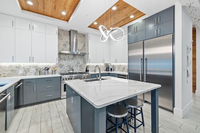 kitchen featuring high end appliances, wall chimney range hood, a tray ceiling, and an island with sink