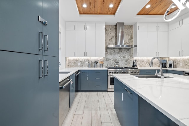 kitchen featuring high quality appliances, sink, white cabinets, a raised ceiling, and wall chimney range hood