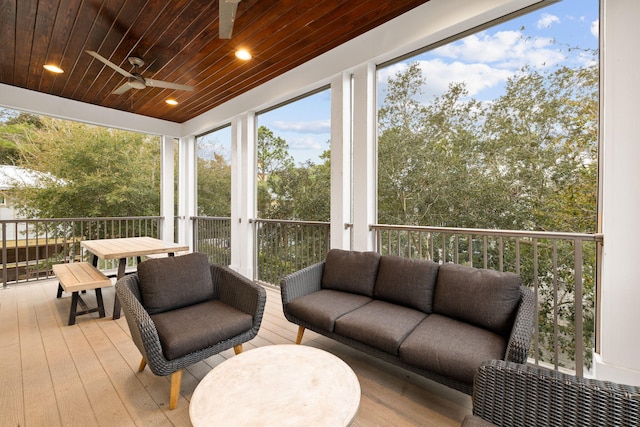 sunroom / solarium featuring plenty of natural light, wooden ceiling, and ceiling fan