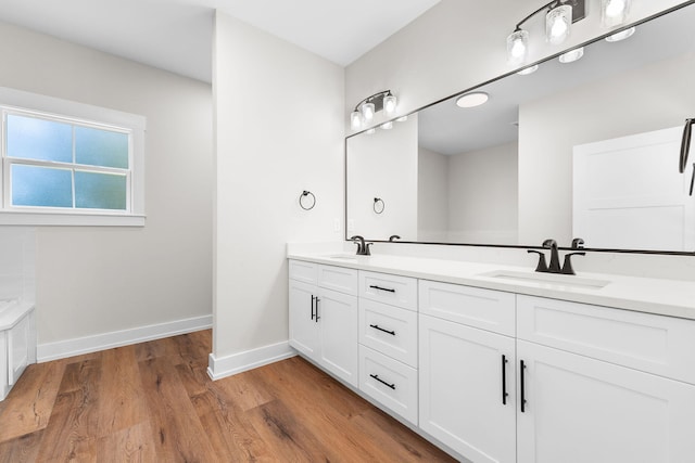 bathroom with hardwood / wood-style floors and vanity