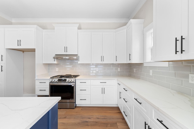 kitchen featuring stainless steel gas range oven, light stone counters, and white cabinetry