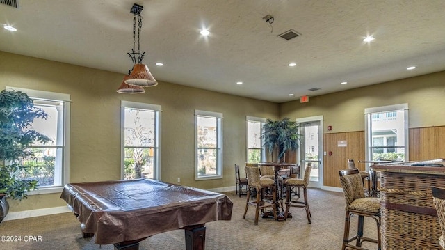 playroom with light carpet and billiards