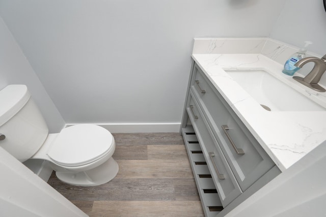 bathroom featuring vanity, wood-type flooring, and toilet