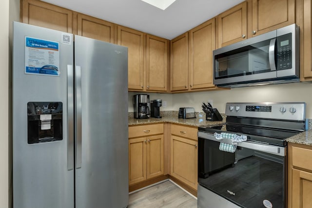 kitchen with light stone countertops, light wood-type flooring, and stainless steel appliances