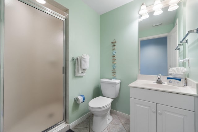 bathroom with tile patterned flooring, vanity, a shower with door, and toilet