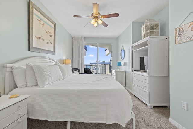 bedroom with ceiling fan, light carpet, and access to outside