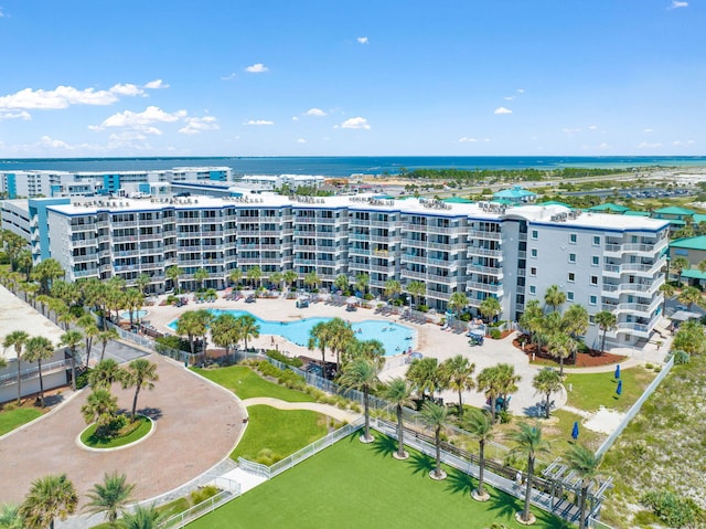 drone / aerial view with a water view