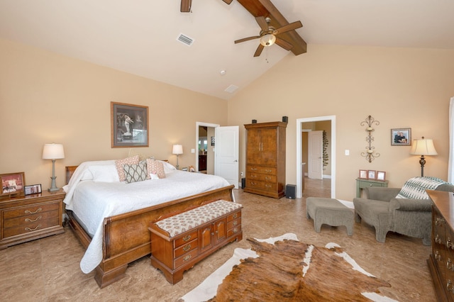 bedroom with beam ceiling, ceiling fan, and high vaulted ceiling