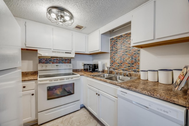 kitchen featuring white cabinets, custom exhaust hood, white appliances, and sink