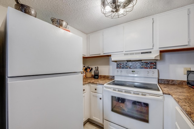 kitchen with white cabinets, white appliances, a textured ceiling, and extractor fan