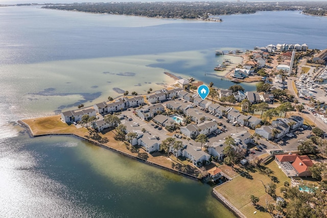 drone / aerial view featuring a water view