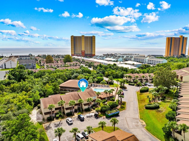 birds eye view of property featuring a water view