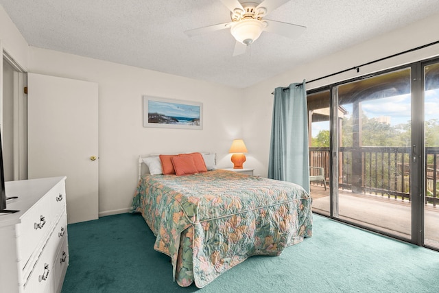 bedroom featuring dark colored carpet, ceiling fan, access to exterior, and a textured ceiling